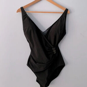 Gideon Oberson black one piece size 14 wrap ruched coin edge